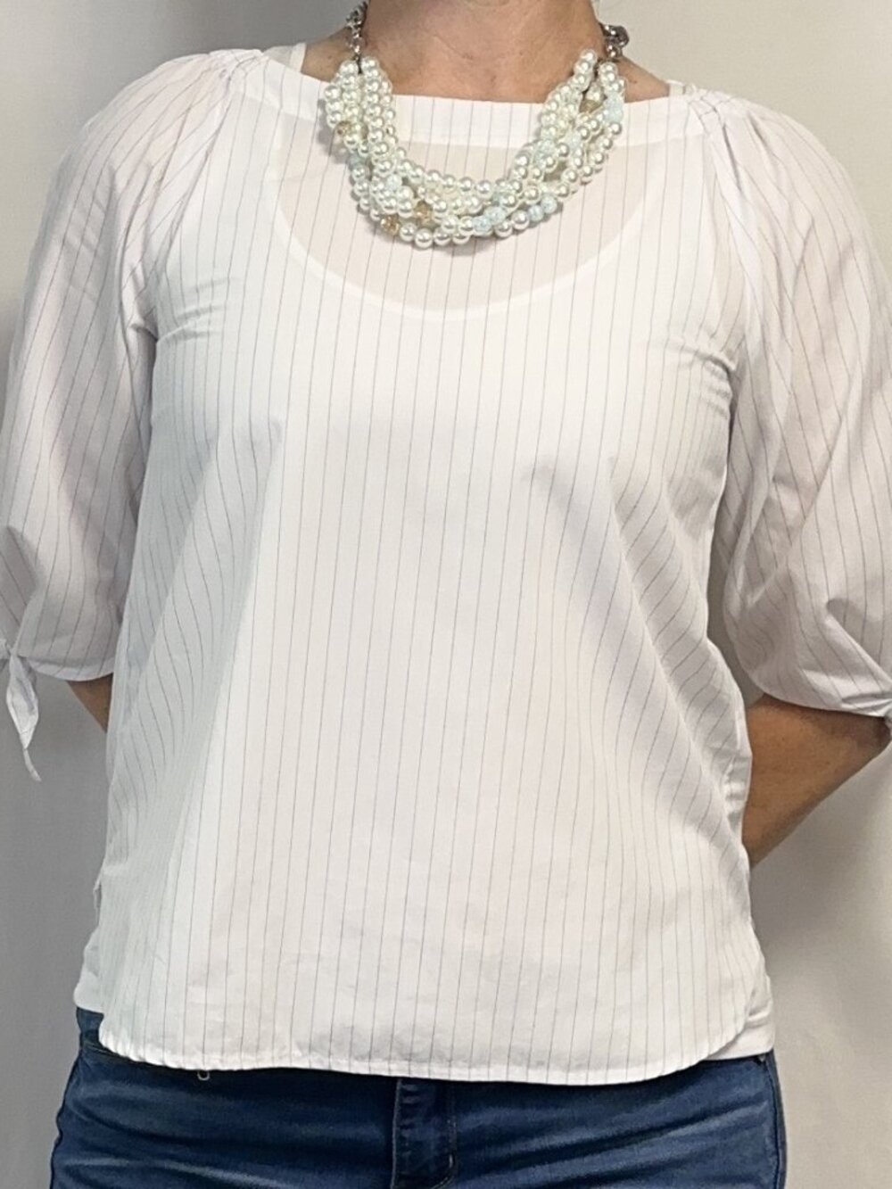 Natural Mi Class White & Navy Pinstripe Tie-Sleeve Blouse (Medium Fit)